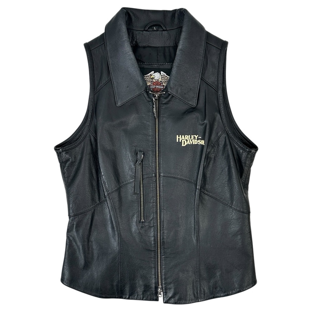 Y2K Vintage Harley Davidson Black Embroidered Leather Biker Riding Vest Jacket